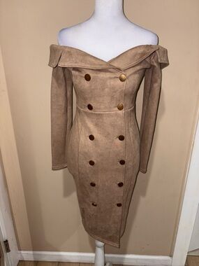 Fashion Nova Taupe Off-Shoulder Double-Breasted Midi Dress
